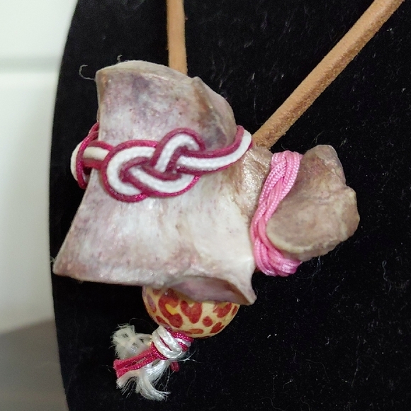 Bohemian Pink Bone Pendant Necklace with Tan Cord - Picture 5 of 7